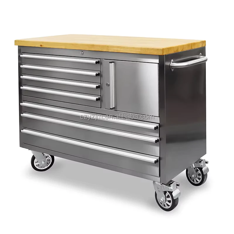 Heavy Duty 48 In 7 Drawer Roller Tool Chest for Storage Stainless Steel Tool Box Cabinet Wood Worktop Customized with Power