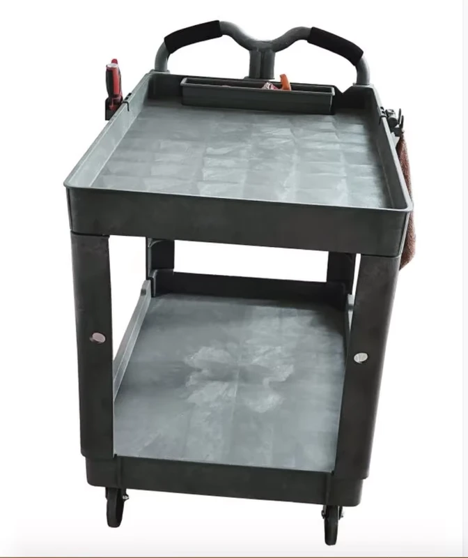 Heavy Duty 500 Lbs Four Wheels 2 Tier Platform Plastic Service Mobile Industrial Utility Tool Cart with Ergonomic Handle