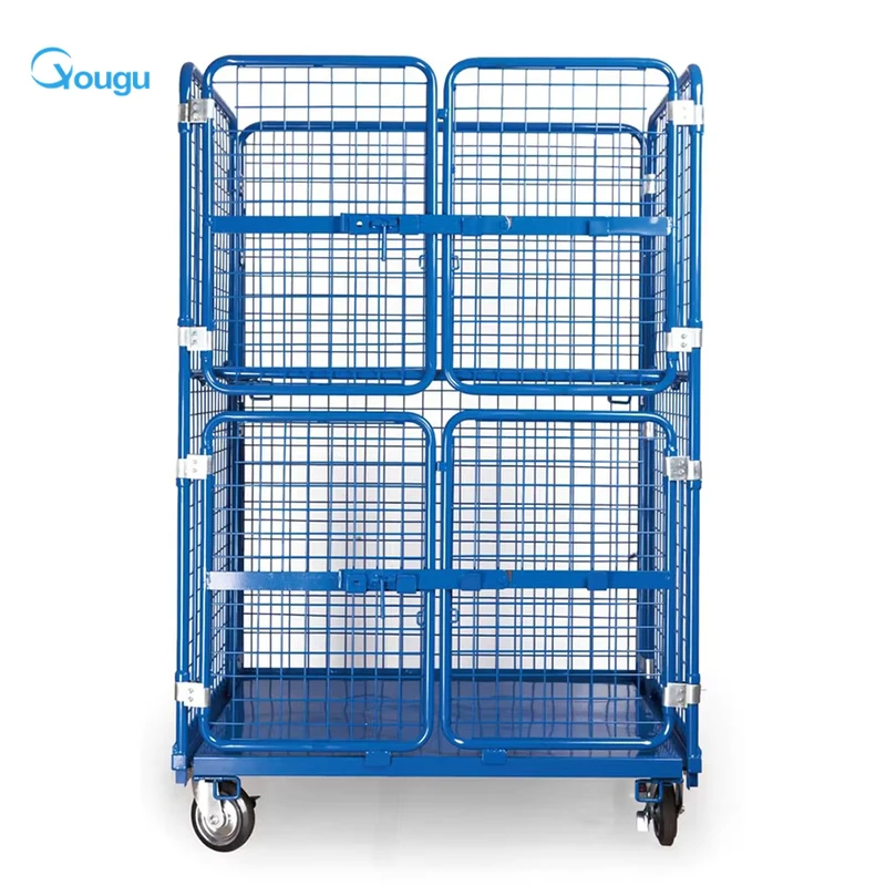 Heavy Duty 500kg Blue 4-Sided Foldable Roll Cage Trolley Multi-Layer Wire Mesh Container with Shelves