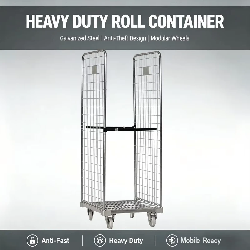 Heavy Duty 500kg Capacity Rigid 2-Side Roll Container with Solid Metal Base and Rolling Casters for Industrial Logistics Use