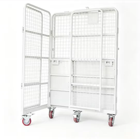 Heavy Duty 500kg White Foldable Roll Cage Trolley Solid Base Wire Mesh Container for Warehouse