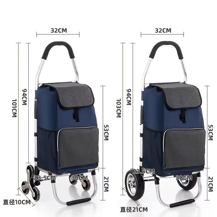 Heavy Duty 50kg Capacity Shopping Trolley Folding Grocery Cart Hand Push Cart for Shopping with 2/6 Wheels and Large Cool Bag