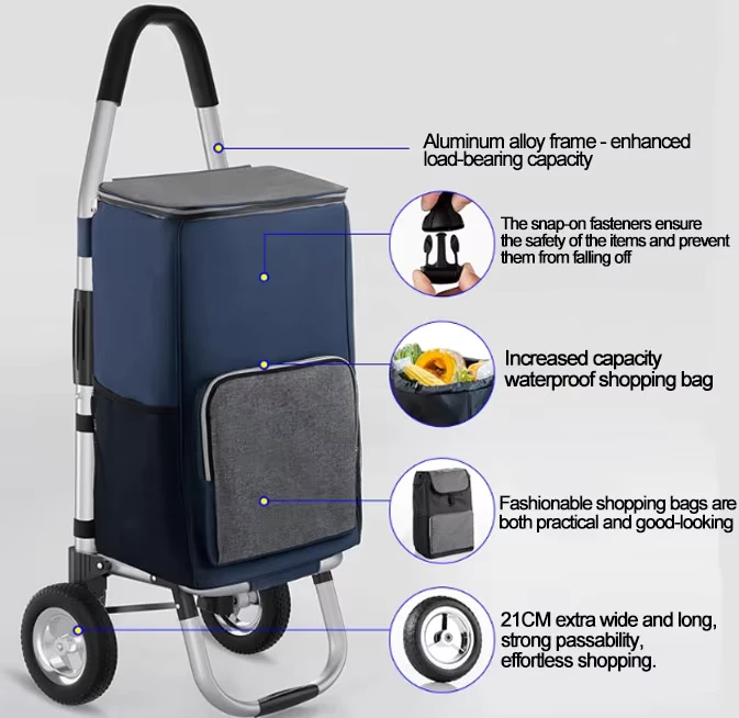 Heavy Duty 50kg Capacity Shopping Trolley Folding Grocery Cart Hand Push Cart for Shopping with 2/6 Wheels and Large Cool Bag