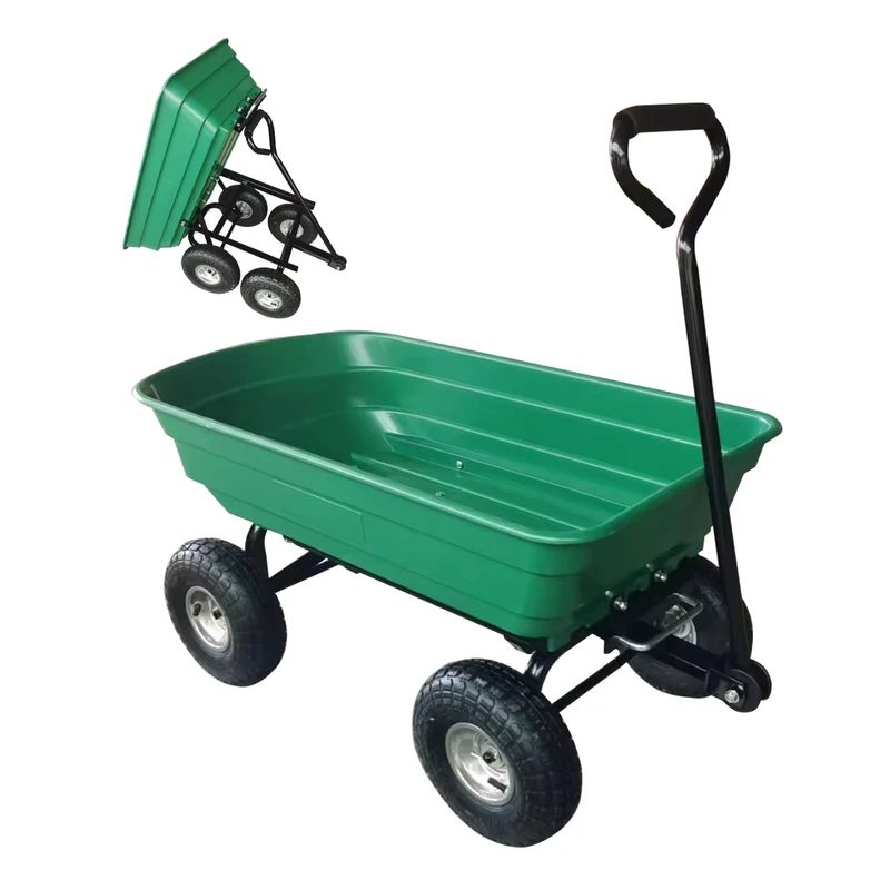 Heavy Duty 75L Green Garden Dump Cart with Steel Frame Mobile Tipping Festival Trolley Composed of Plastic and Metal