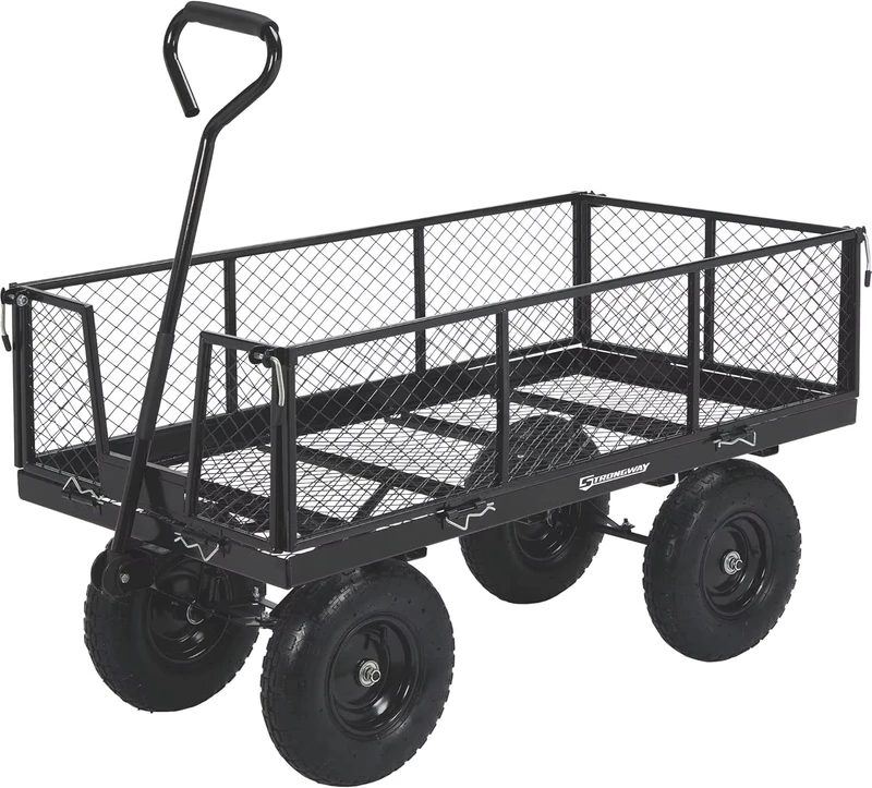 Heavy Duty 880 Lbs Capacity Mesh Steel Four-Wheel Garden Cart 10″ Pneumatic Rubber Folding Utility Wagon Removable Sides OEM