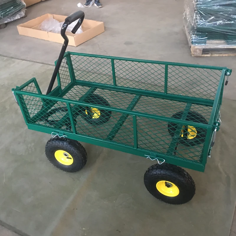 Heavy Duty 880 Lbs Capacity Mesh Steel Garden Cart 10″ Wheels Folding Utility Wagon Removable Sides Rubber Wheels