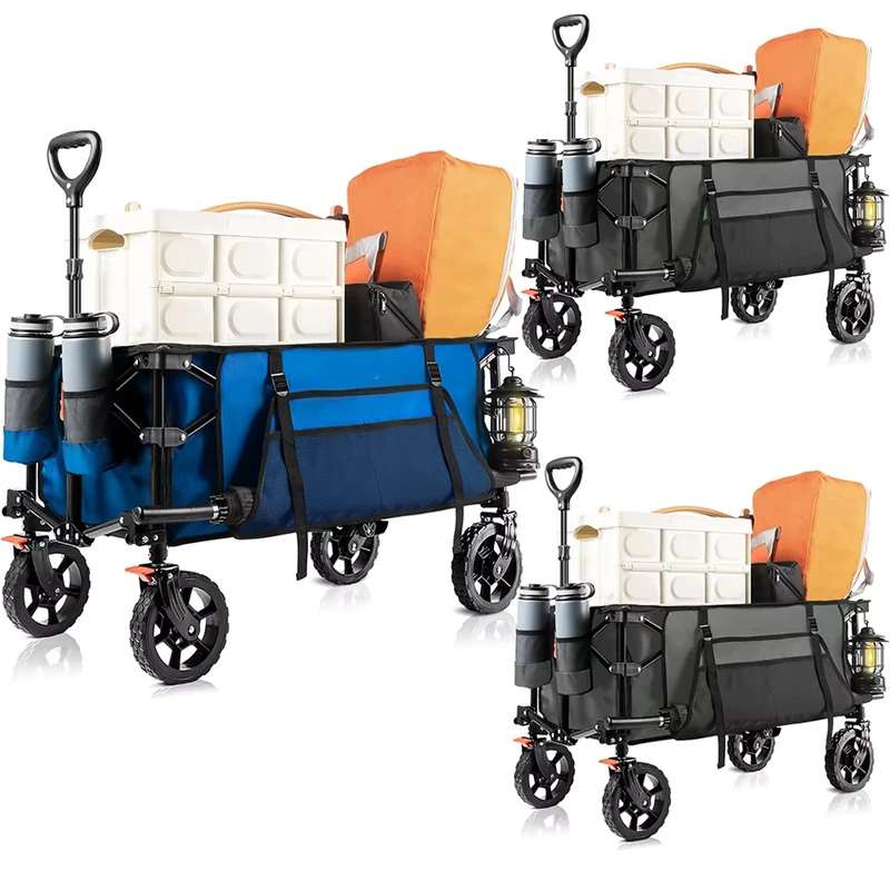 Heavy Duty Collapsible Stainless Steel Wagon Cart Large Capacity Folding Grocery Utility Beach Cart with Side Pocket and Brakes