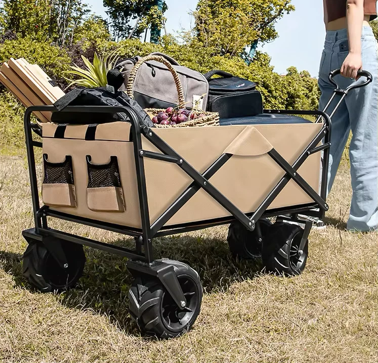 Heavy Duty Foldable Outdoor Utility Wagon Garden Cart with Wide Tires and Adjustable Handle for Camping Picnic