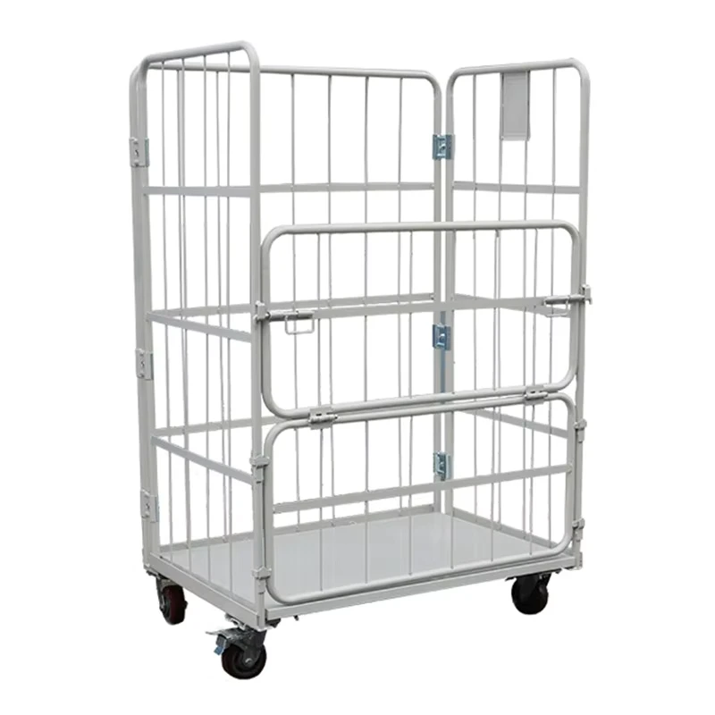 Heavy Duty Foldable Rolling Cage Trolley Work Tainer Warehouse Powder Coated Steel PU OEM Standard Powder Coating Storage Cart