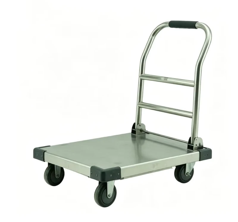 Heavy Duty Foldable Stainless Steel Platform Trolley Flat Hand Cart for Warehouse Supermarket Kitchen Factory Transportation