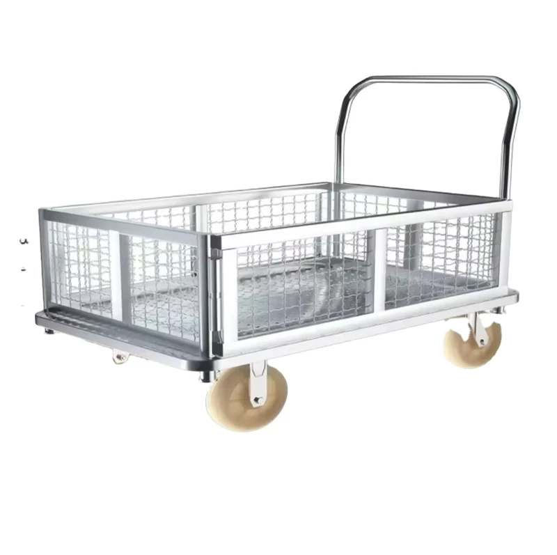 Heavy Duty Foldable Steel Wire Mesh Fence Hand Trolley Industrial Four-Wheel Platform Cart Caster Wheels
