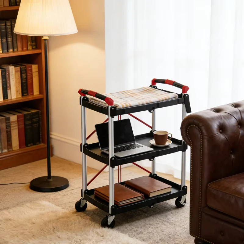 Heavy Duty Foldable Utility Service Cart 3 Tier Plastic Rolling Cart Portable Folding Tool Cart for Hotels Office Home