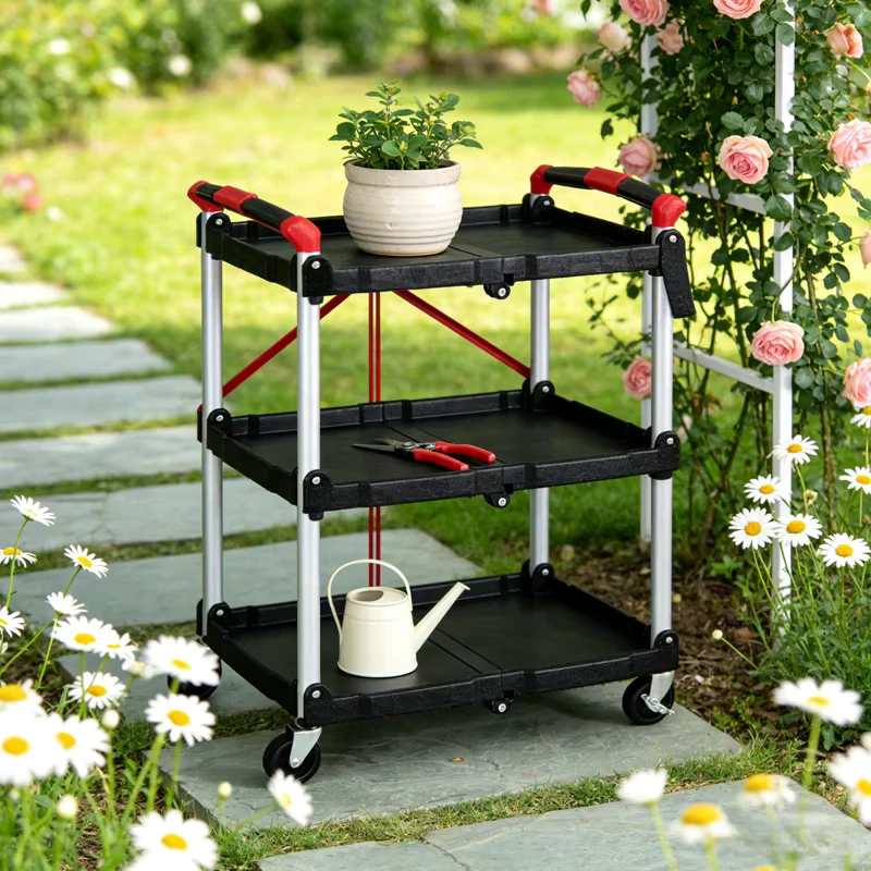 Heavy Duty Foldable Utility Service Cart 3 Tier Plastic Rolling Cart Portable Garden Tool Cart for Warehouse Office Home