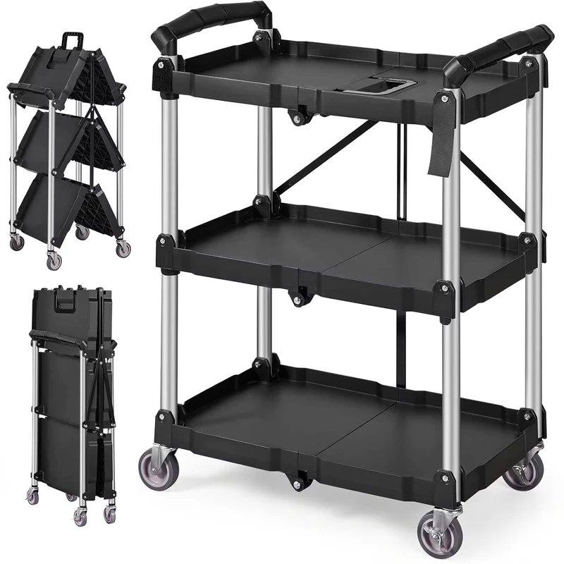 Heavy Duty Foldable Utility Service Cart 3 Tier Plastic Rolling Cart With Lockable Wheels