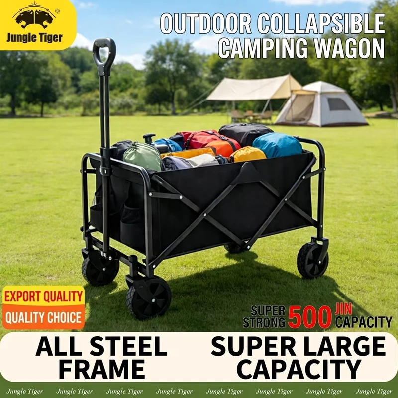 Heavy Duty Folding Camping Wagon 160L Collapsible Utility Cart PU Wheels Outdoor