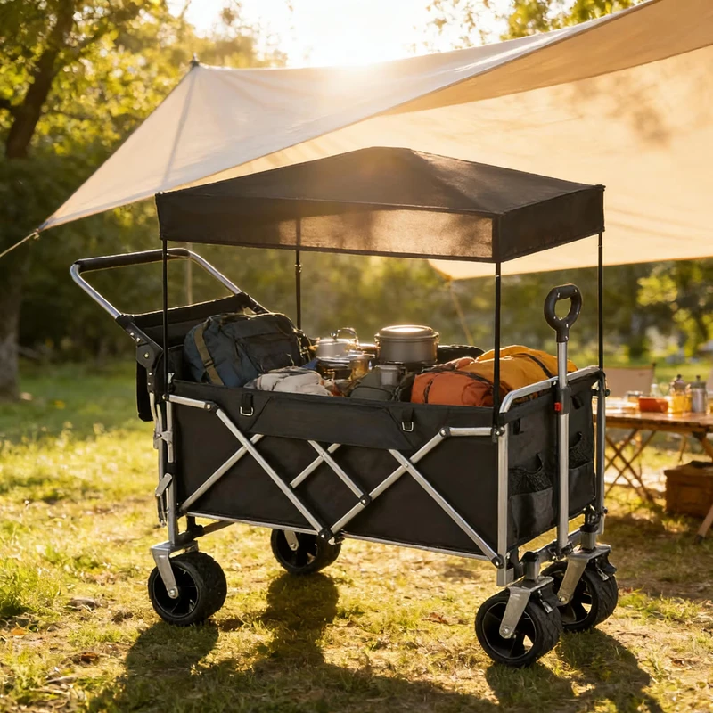 Heavy Duty Folding Camping Wagon with Canopy All Terrain Portable Beach Trolley with Rear Storage Pocket Big Wheels