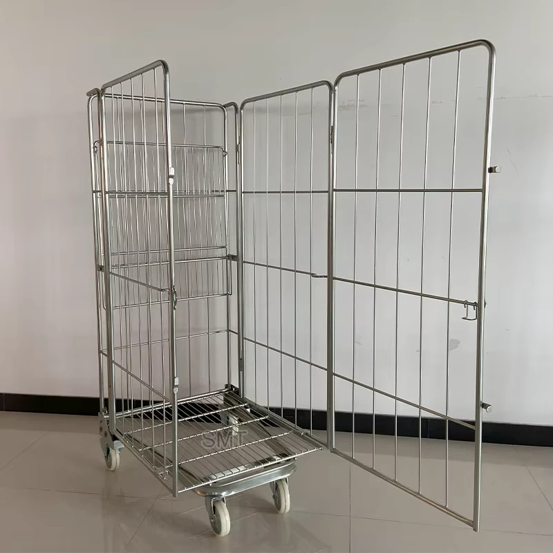 Heavy Duty Folding Wire Mesh Roll Container Warehouse Laundry Trolley 4 Wheels Storage Transport Rolling Cart Cage