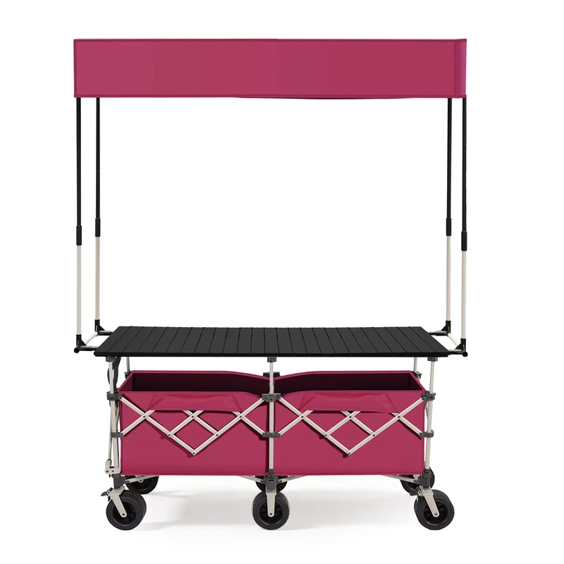 Heavy Duty Four Wheel Foldable Shopping Snack Cart Stall Adjustable Picnic Camping Food Cart Table Board Sunshade