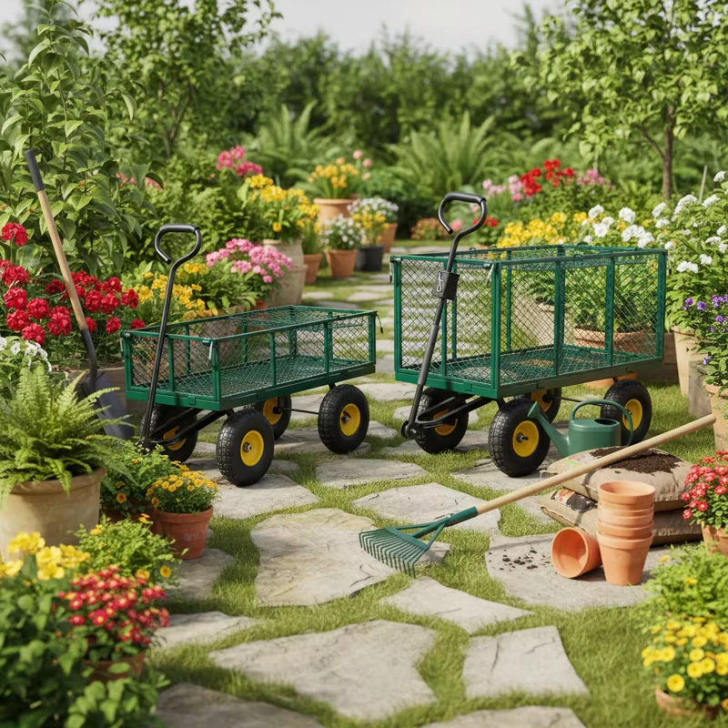 Heavy Duty Four Wheel Mesh Stainless Steel Garden Cart Folding Utility Wagon Removable Sides OEM Customizable Tool Storage Green