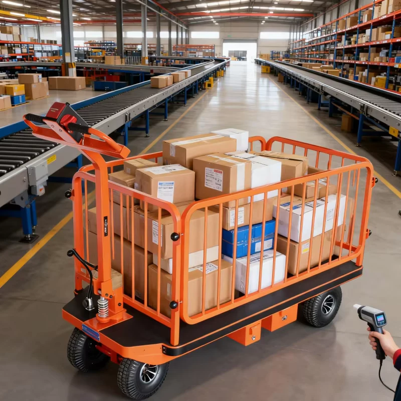Heavy Duty Four Wheel Steel Electric Platform Trolley Foldable Design for Industrial Cargo Transport Warehouse Logistics