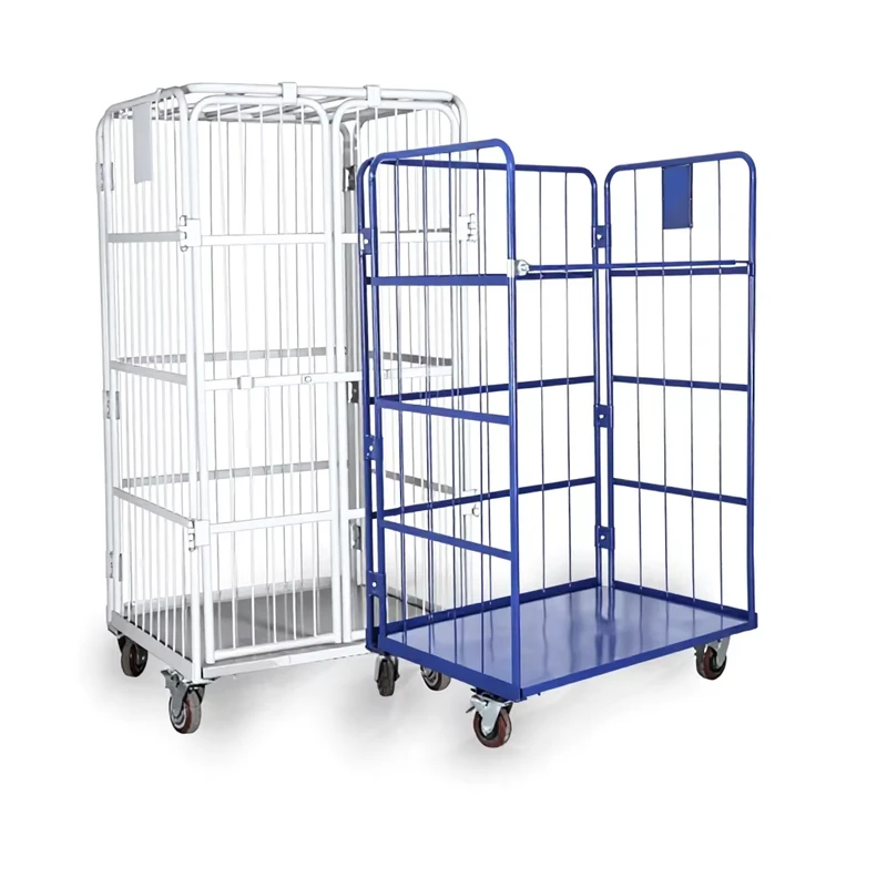 Heavy Duty Industrial Blue Metal 4 Sided Roll Cage Trolley Foldable Warehouse Logistics Laundry Storage Roll Container
