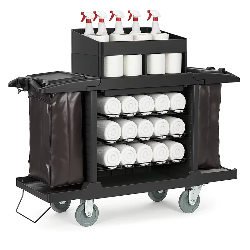 Heavy Duty Luxury Hotel Commercial Janitor Cart Plastic Cleaning Trolley for Housekeeping Service