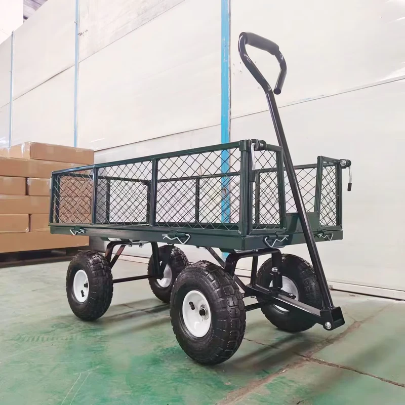 Heavy Duty Outdoor Steel Garden Cart Four Wheel Utility Truck with Platform for Yard Beach Car Garbage OEM Customizable