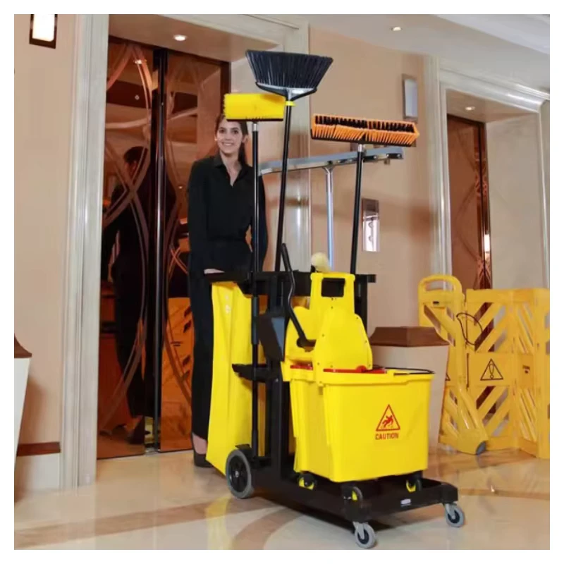 Heavy Duty Plastic Cleaning Housekeeping Janitor Cart High Capacity Hotel and Hospital Use Trolley 4 Wheel Utility Cart