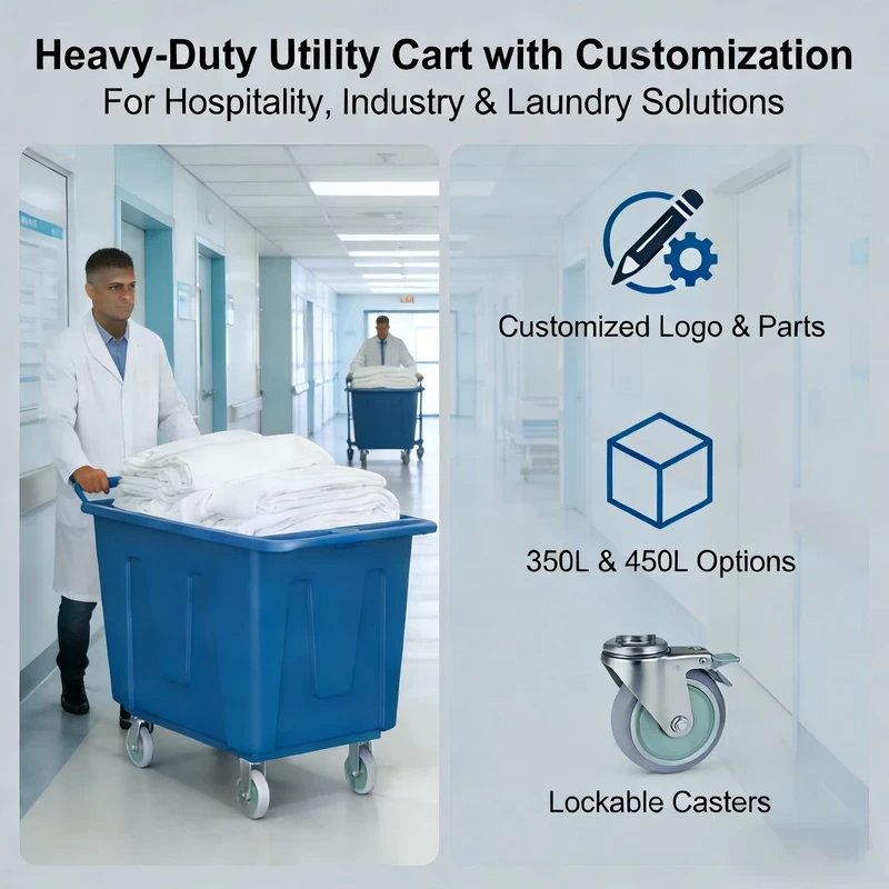 Heavy Duty Plastic Laundry Cart Trolley With Large Wheels for Hotel Housekeeping Maid Service Guestroom Linen and Restaurant