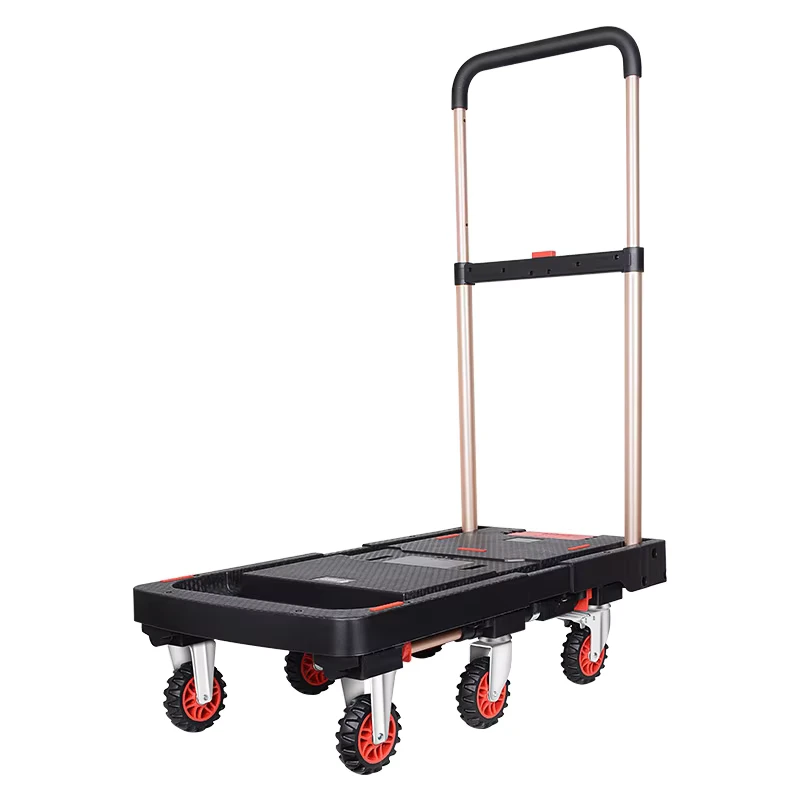 Heavy Duty Plastic Platform Handcart Trolley Six Wheel Foldable Flatbed Industrial Shopping Use Cargo Transport