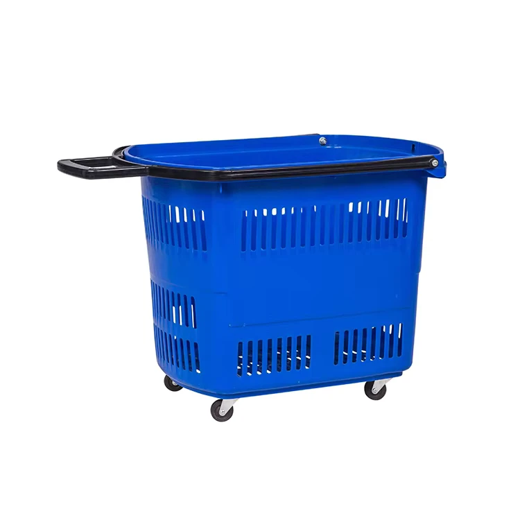 Heavy Duty Plastic Wheeled Rolling Shopping Basket with Handle for Supermarket Grocery Shopping Cart