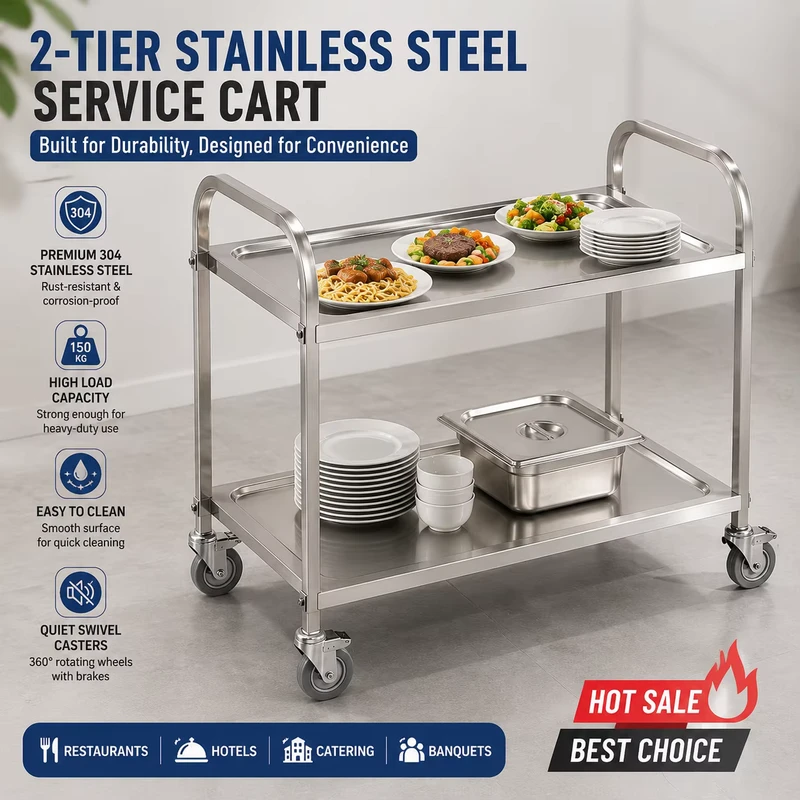 Heavy Duty Stainless Steel Service Cart with Wheels for Restaurant Hotel Catering