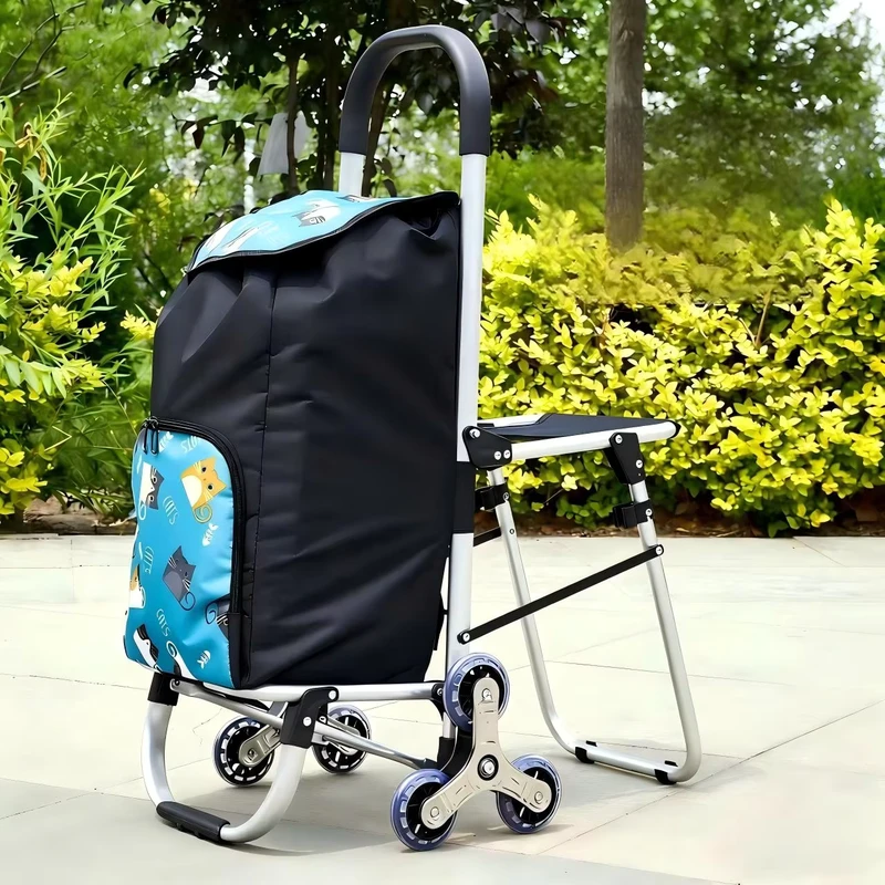 Heavy Duty Stair Climbing Shopping Cart Foldable Seat Trolley with Thickened Aluminum Frame
