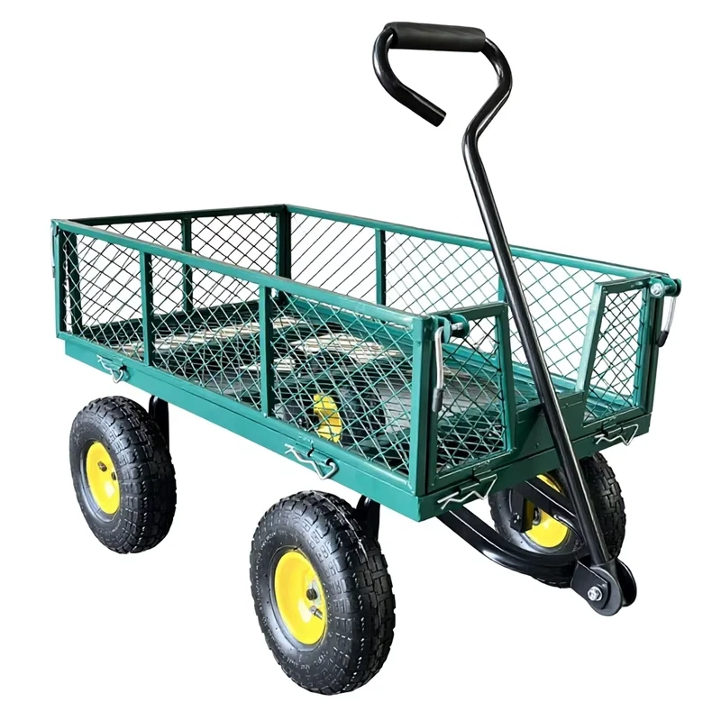 Heavy Duty Steel Mesh Garden Trolley Cart Yard Dump Wagon Cart With Removable Sides