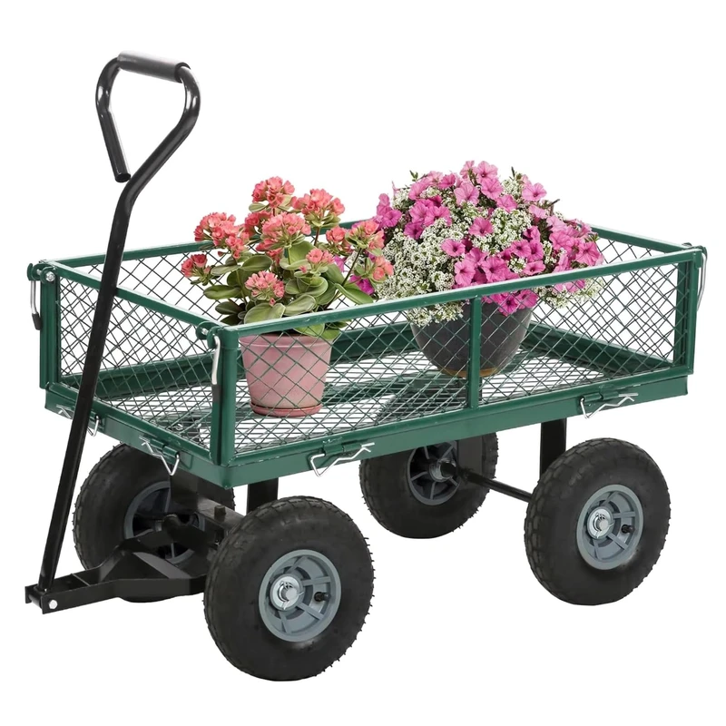 Heavy Duty Steel Mesh Yard Garden Outdoor Firewood Cart Utility Garden Tool Trolley Cart Four Wheels Removable Sides