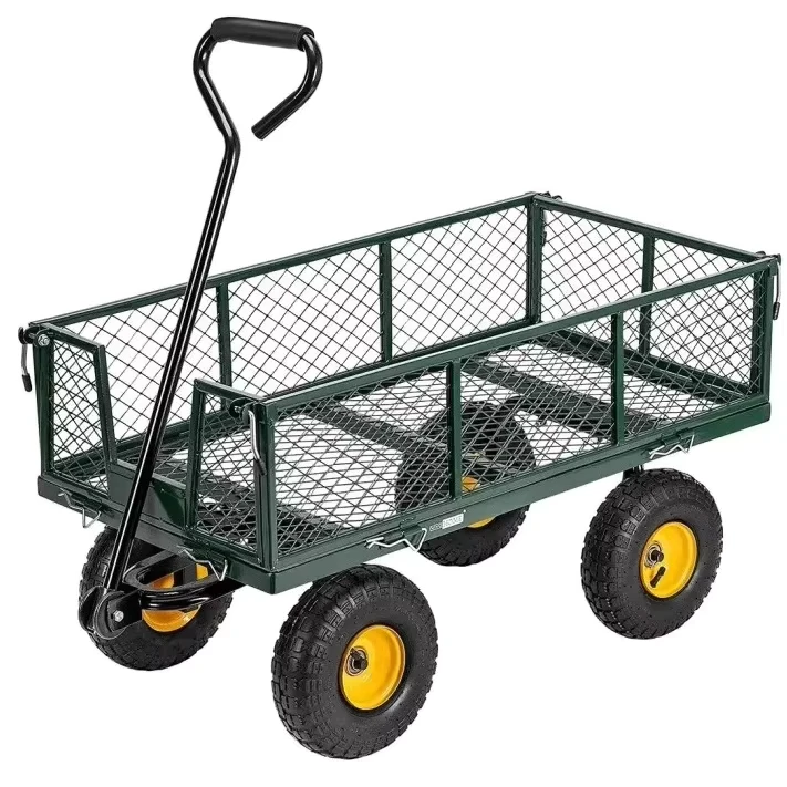 Heavy Duty Steel Mesh Yard Garden Outdoor Firewood Cart Utility Tool Trolley Cart Wagon Trailer Four Wheel Removable Sides