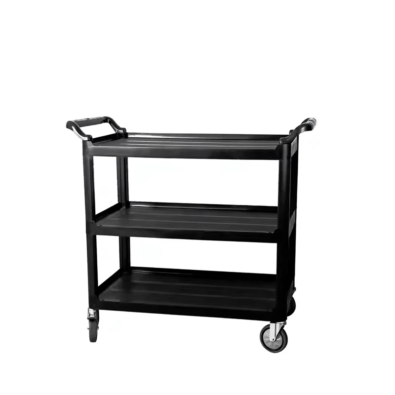 Heavy Duty Three Tier Utility Cart with PP Aluminum Frame 4 Wheel Adjustable Handle for Hotel Kitchen Cleaning Service