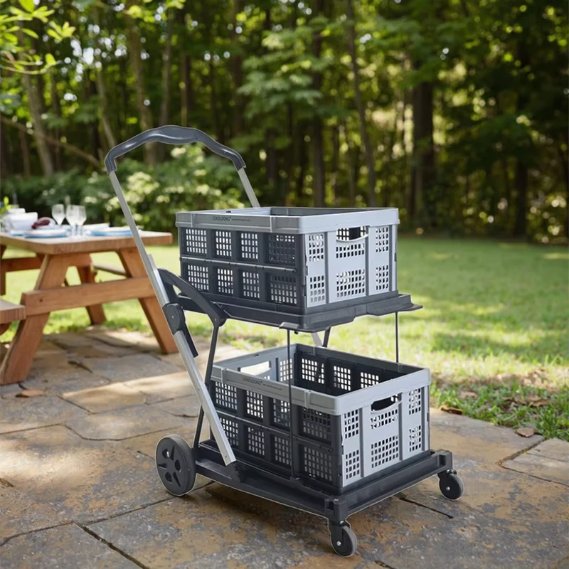 Heavy Duty Two-Tier Shopping Trolley Double Desk Cart for Kitchen Garage Living Room Foldable Design for Grocery Store
