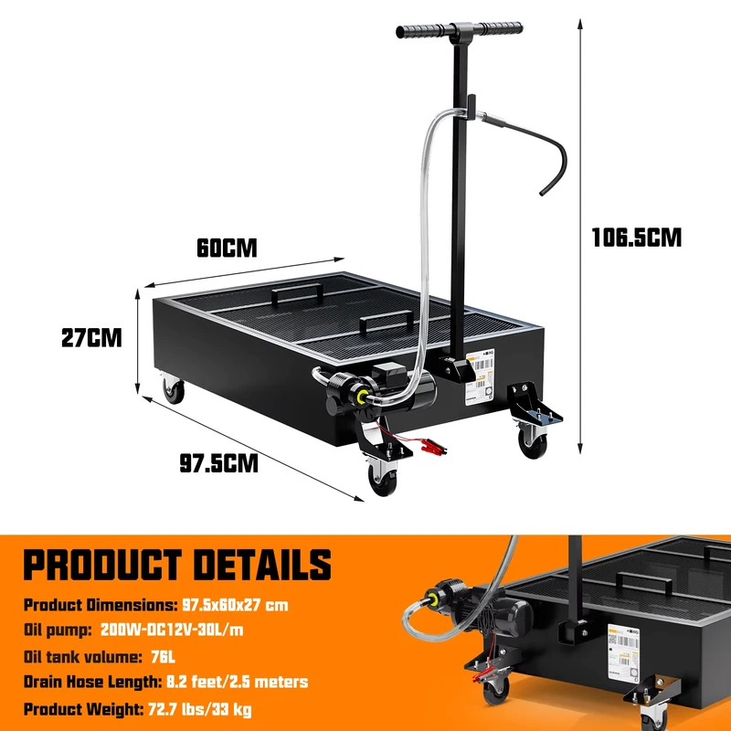 Heavy Duty Under Vehicle Oil Drain Tank 76L Industrial Oil Collection Cart for Automotive Workshops
