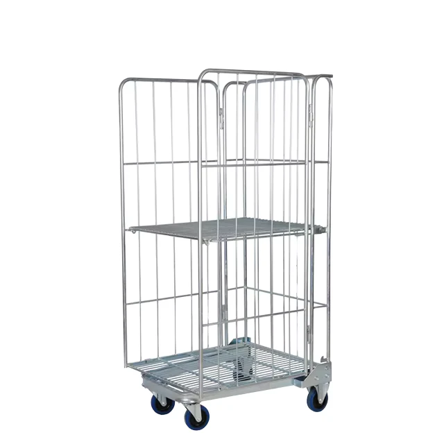 Heavy Duty Warehouse 3 Sided Metal Roll Cart Wire Mesh Container with Braked Wheels