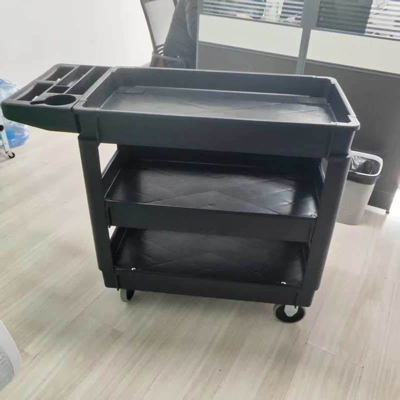 Heavy duty High quality Black Three layer Plastic Foldable Service Cart Four Suitable for Warehouses Industries Various