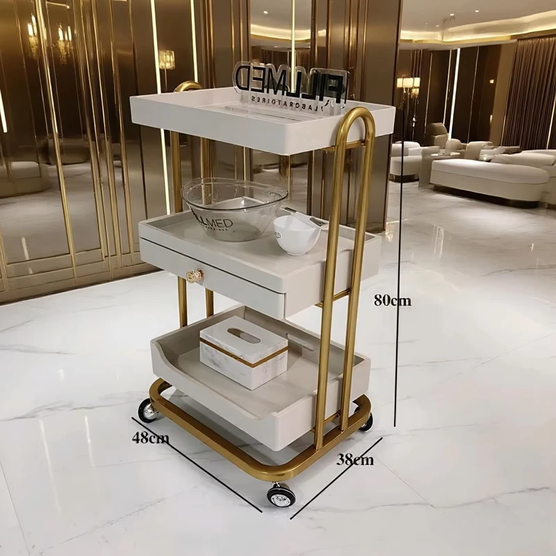 High-End Original Light Luxury Trolley for Beauty Salon Skin Management Car with Wooden Storage Shelf Metal Plastic Tool Car