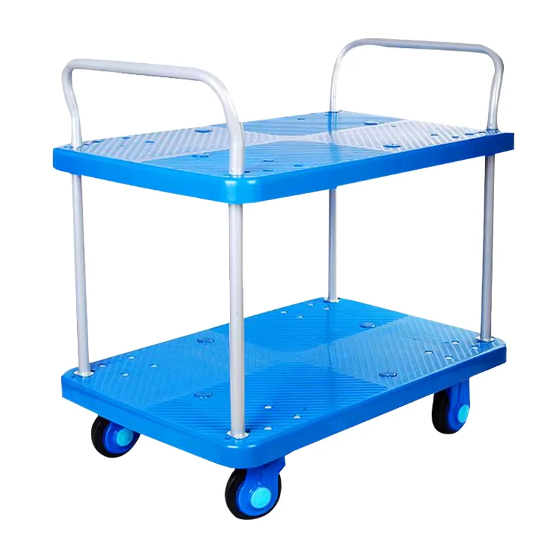 High Load Bearing Hand Cart 300kg Load Plastic Platform Trolley Double Layer Trolley 900*600mm