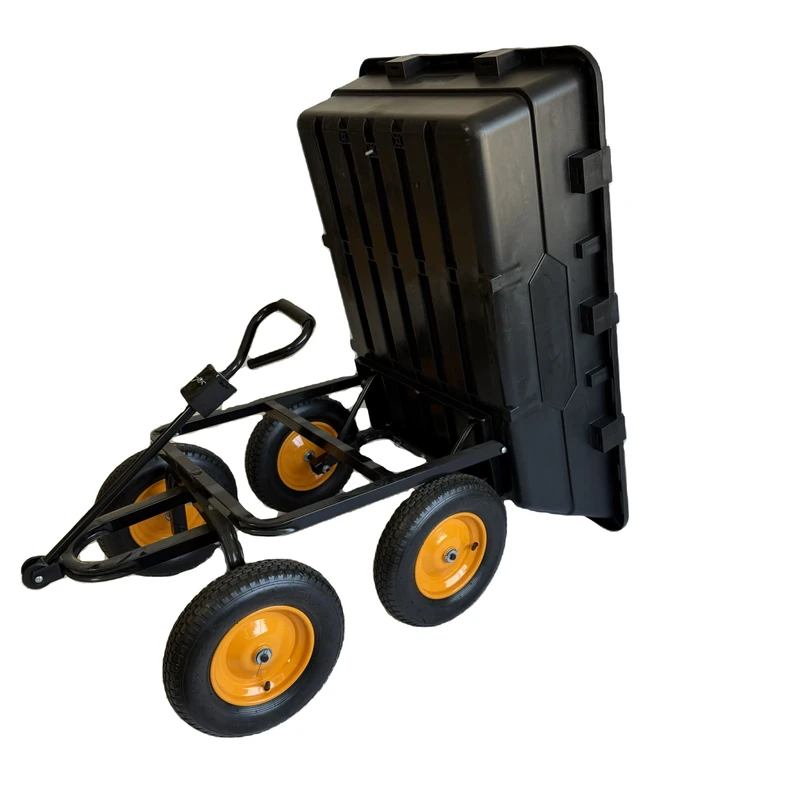 High Load Capacity Foldable Four-Wheel Dump Platform Garden Cart 150L 300KG Metal Plastic Powder Coated Industrial Trolley