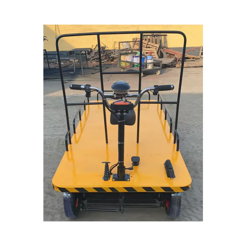 High Performance Warehouse Material Handling Hand Trolley Electric Flatbed Trolley Four wheel Transport Cart With Guardrail