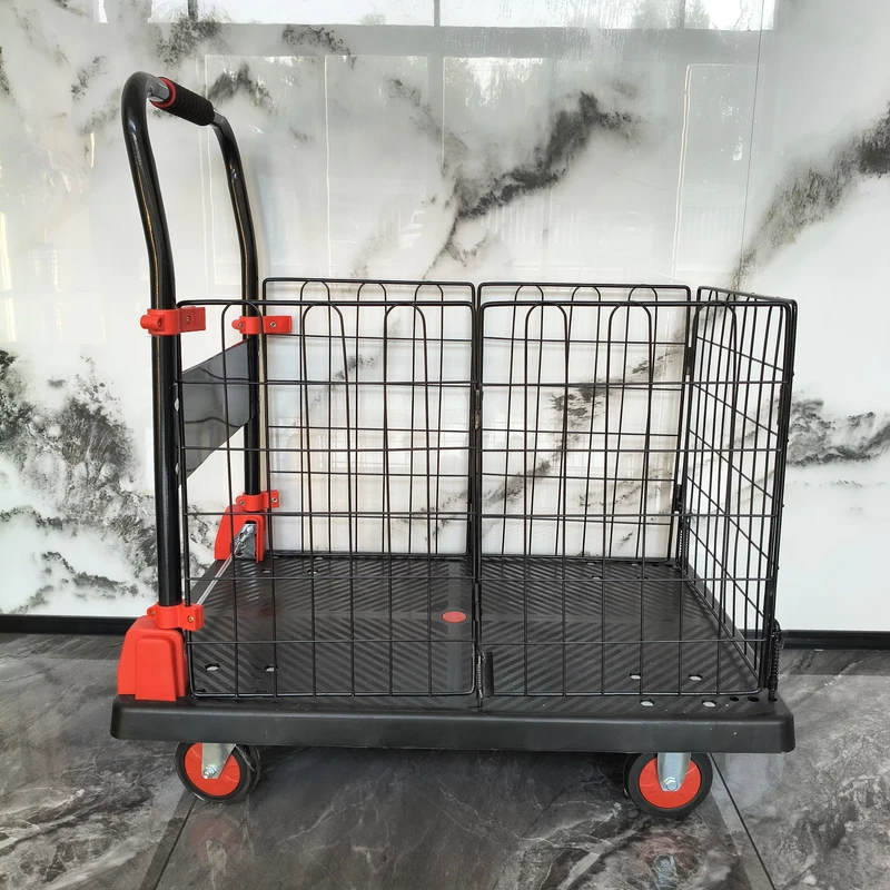 High Quality Fence Handcart Four-Wheel Black Folding Wire Mesh Cart Transport Tools Hand Platform Truck Trolley