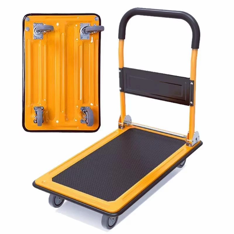 High Quality Four Wheel Steel Platform Cart OEM Powder Coated Shopping Tools Foldable Supermarket Warehouse Trolley Truck Load
