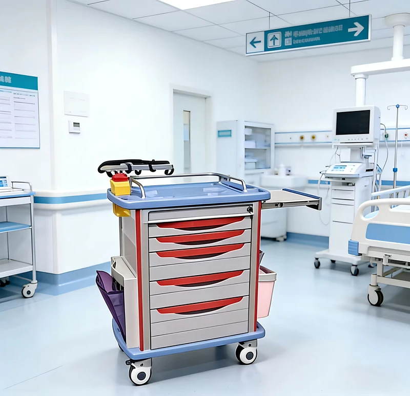 High Quality Hospital Multifunction Emergency Trolley with 4 Silent Medical Castors ABS+Metal Material for Hospital Use
