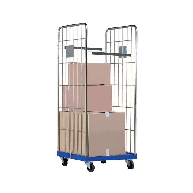 High Quality Lower Price Two Side Plastic Bottom Base Roller Cage Trolley Roll Container with Tightening Belts