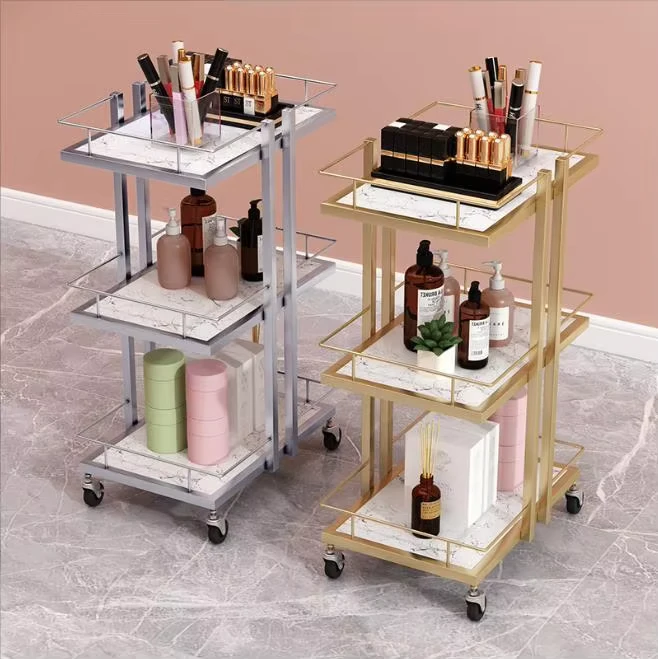 High Quality Luxury Metal Frame Rolling Barber Cart Waterproof Rose Gold Manicure Trolley Salon Furniture Hair Salon Kitchen